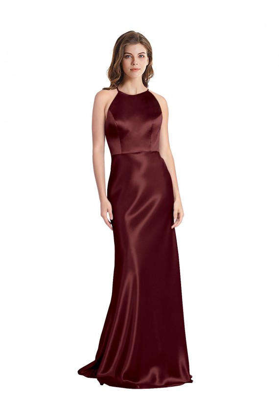 High Neck Halter Long Sleeveless Stretch Satin Prom Dress with Strappy Back Clearance