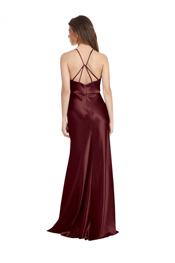 High Neck Halter Long Sleeveless Stretch Satin Prom Dress with Strappy Back Clearance