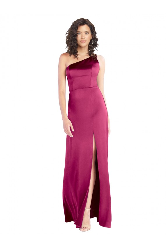 Sleek One Shoulder A-Line Long Stretch Satin Prom Dress with Spaghetti Straps Back Clearance
