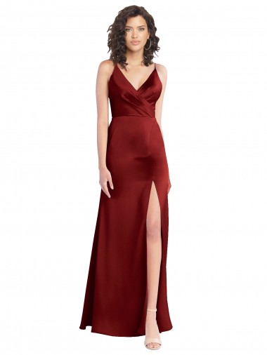 Faux Surplice Neckline Long Slim A-Line Stretch Satin Prom Dress Clearance