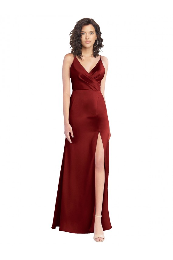Faux Surplice Neckline Long Slim A-Line Stretch Satin Prom Dress Clearance