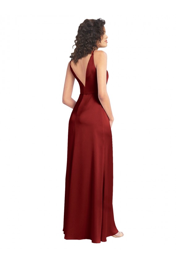 Faux Surplice Neckline Long Slim A-Line Stretch Satin Prom Dress Clearance