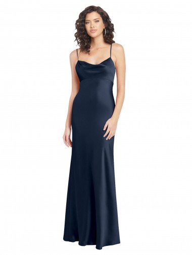 Cowl Neck Long Empire Waist Stretch Satin Prom Dress with Open Back Clearance