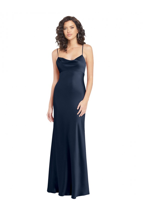 Cowl Neck Long Empire Waist Stretch Satin Prom Dress with Open Back Clearance