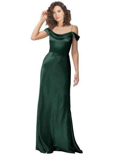 Off the Shoulder Sleeves Long Stretch Satin Prom Dress with Pleated Draped Neckline Clearance
