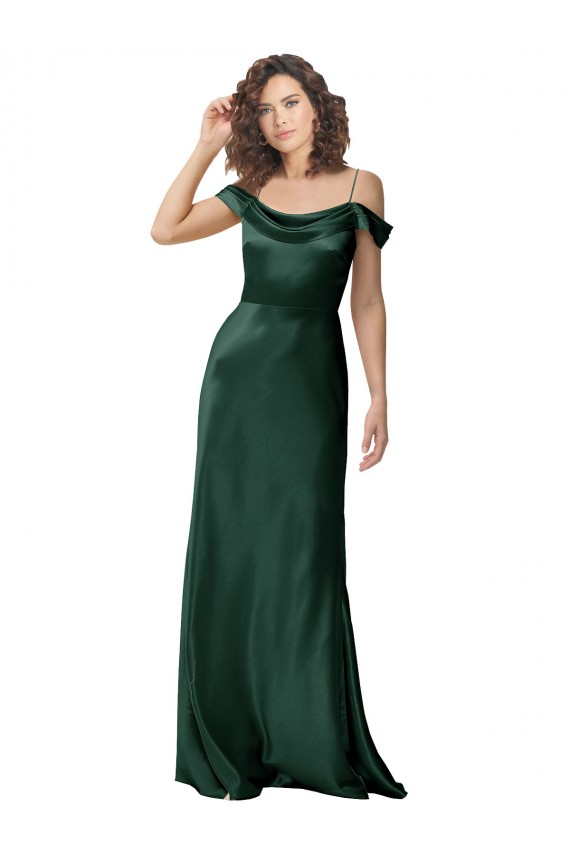 Off the Shoulder Sleeves Long Stretch Satin Prom Dress with Pleated Draped Neckline Clearance