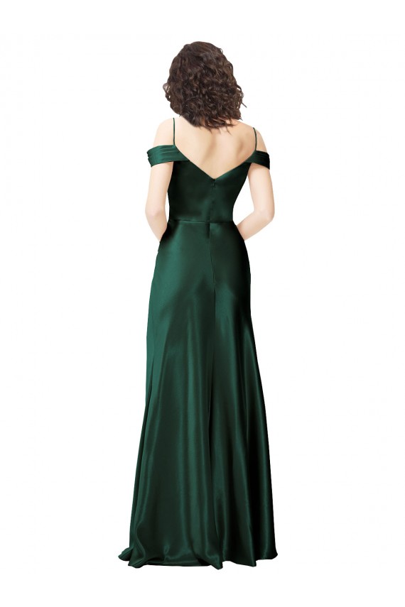 Off the Shoulder Sleeves Long Stretch Satin Prom Dress with Pleated Draped Neckline Clearance