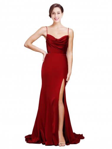 Cowl Front Neck Sweep Train Stretch Satin Prom Dress with High Side Split Clearance