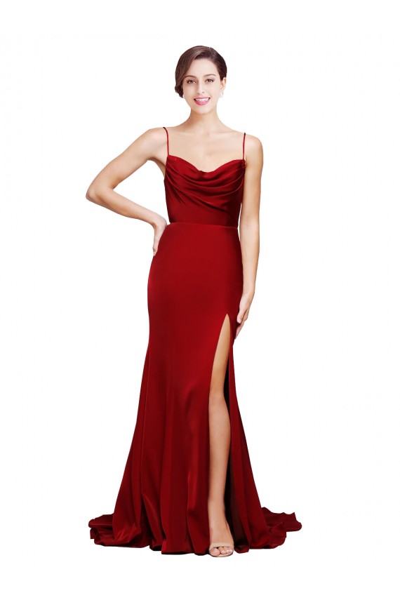 Cowl Front Neck Sweep Train Stretch Satin Prom Dress with High Side Split Clearance