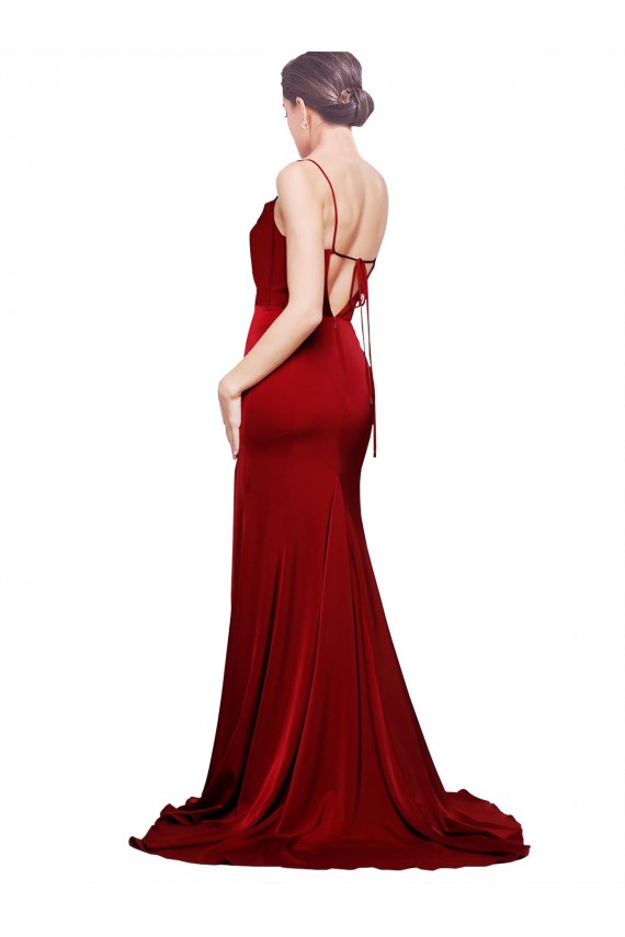Cowl Front Neck Sweep Train Stretch Satin Prom Dress with High Side Split Clearance