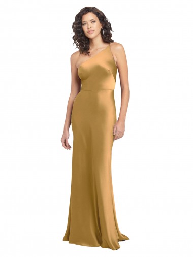 One Shoulder Long Floor Length Stretch Satin Slip Prom Dress Clearance