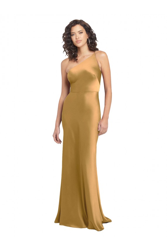 One Shoulder Long Floor Length Stretch Satin Slip Prom Dress Clearance