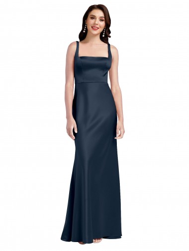 Square Neck A-Line Long Stretch Satin Prom Dress with Wide Straps Clearance