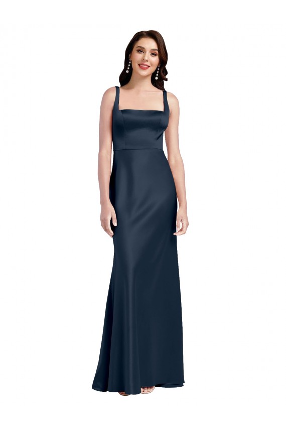 Square Neck A-Line Long Stretch Satin Prom Dress with Wide Straps Clearance