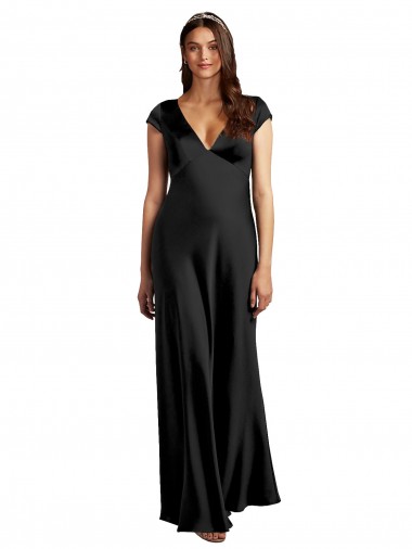 Plunging V-Neck Cap Cleeves Long Stretch Satin Prom Dress with Keyhole Back Clearance