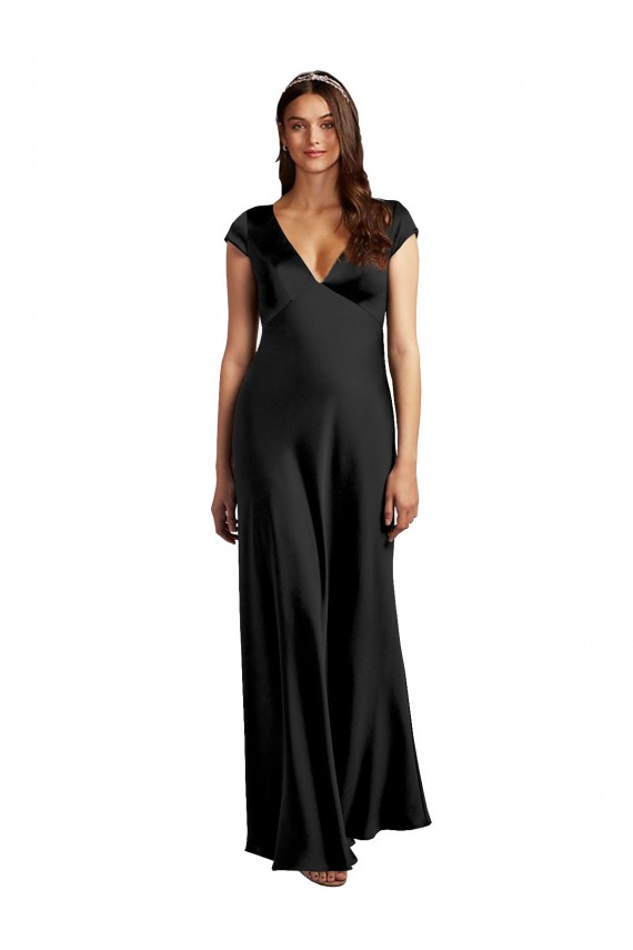 Plunging V-Neck Cap Cleeves Long Stretch Satin Prom Dress with Keyhole Back Clearance