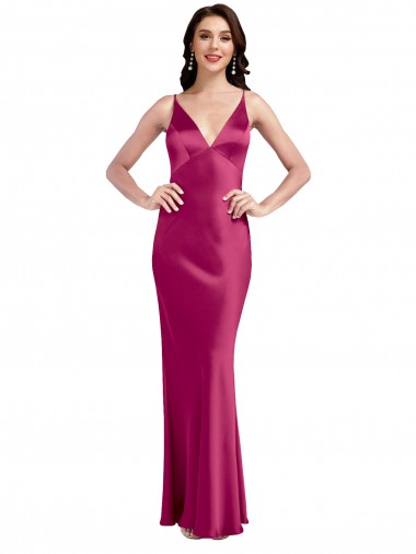 V-Neck Spaghetti Straps Slim Stretch Satin Prom Dress with Low Scoop Back Clearance