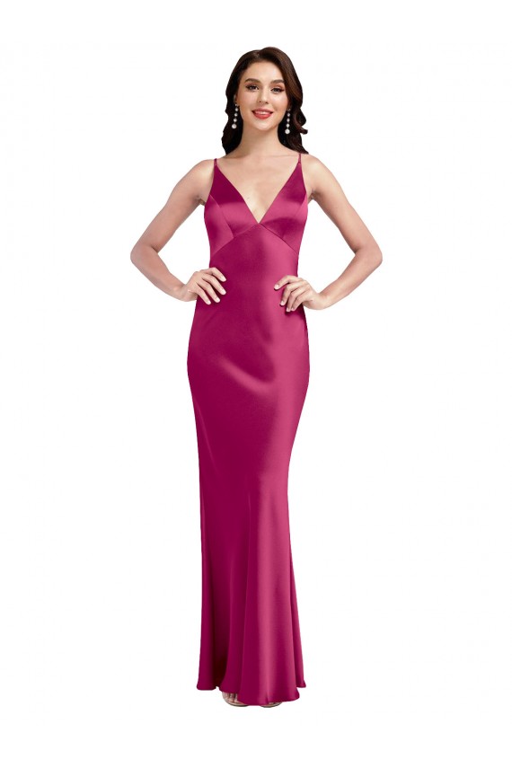 V-Neck Spaghetti Straps Slim Stretch Satin Prom Dress with Low Scoop Back Clearance