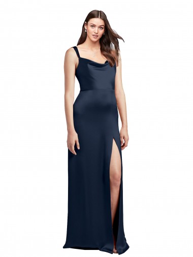 Cowl Neck Soft Long Stretch Satin Prom Dress with Side Slit and Pleated Straps Clearance