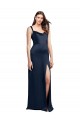 Cowl Neck Soft Long Stretch Satin Prom Dress with Side Slit and Pleated Straps Clearance
