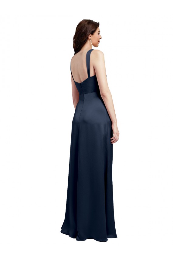 Cowl Neck Soft Long Stretch Satin Prom Dress with Side Slit and Pleated Straps Clearance