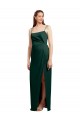 Sleek Straight Neckline Long Wrap Stretch Satin Prom Dress with Angled Pleats Clearance