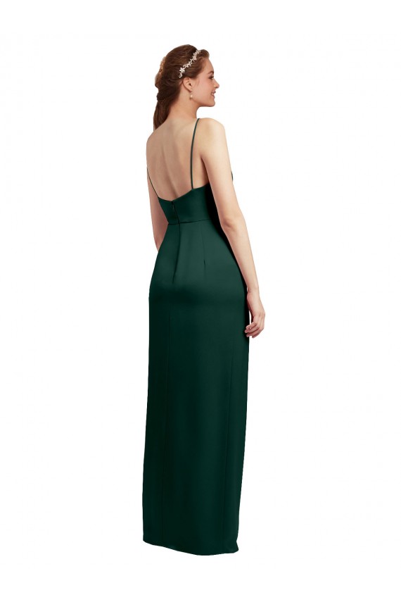 Sleek Straight Neckline Long Wrap Stretch Satin Prom Dress with Angled Pleats Clearance