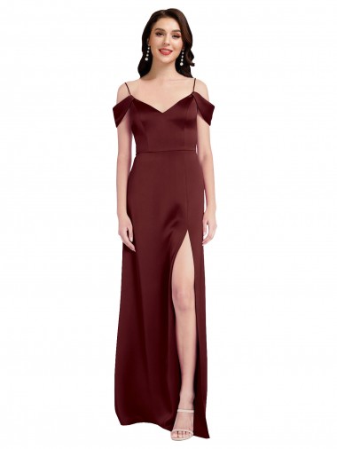 Draped Off the Shoulder Sleeves Slim A-Line Stretch Satin Prom Dress with Side Slit Clearance