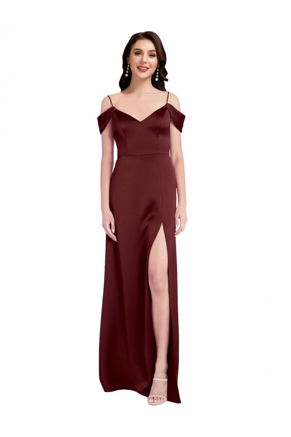Draped Off the Shoulder Sleeves Slim A-Line Stretch Satin Prom Dress with Side Slit Clearance