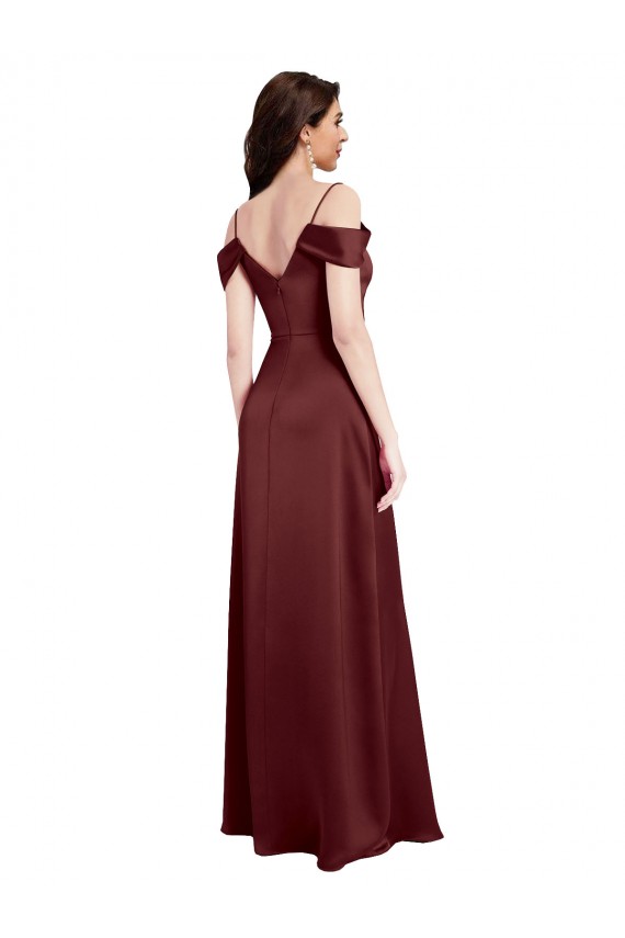 Draped Off the Shoulder Sleeves Slim A-Line Stretch Satin Prom Dress with Side Slit Clearance