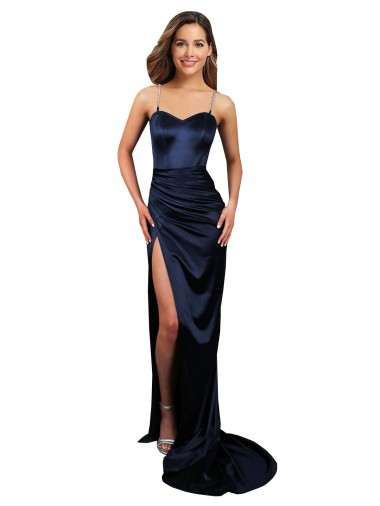 Pleated Sash Skirt Long Stretch Satin Prom Dress with High Slit Clearance