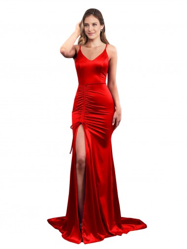 Long Pleated Stretch Satin Prom Dress with High Slit Clearance