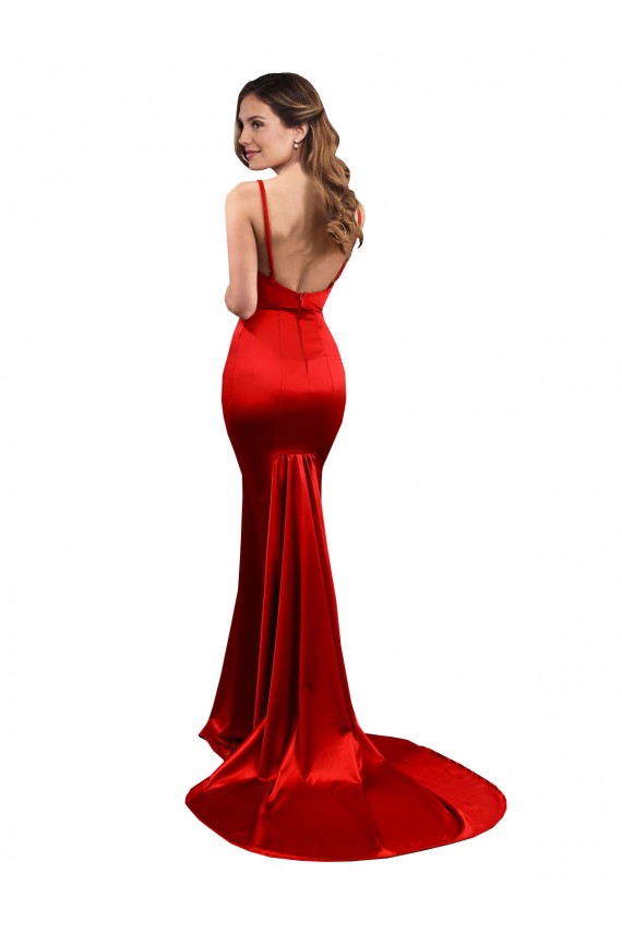 Long Pleated Stretch Satin Prom Dress with High Slit Clearance