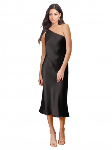 Sleek One Shoulder Midi Length Short Stretch Satin Slip Cocktail Prom Dress / Homecoming Dress Clearance