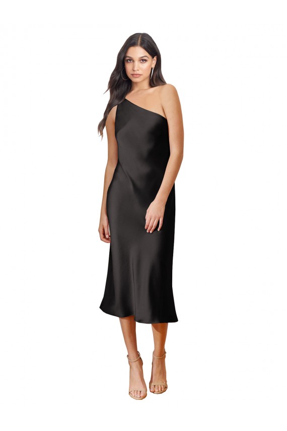 Sleek One Shoulder Midi Length Short Stretch Satin Slip Cocktail Prom Dress / Homecoming Dress Clearance
