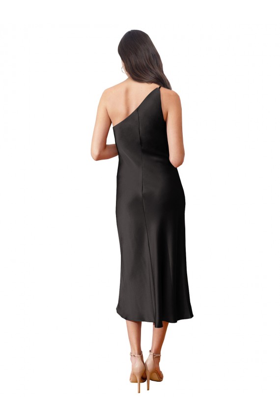Sleek One Shoulder Midi Length Short Stretch Satin Slip Cocktail Prom Dress / Homecoming Dress Clearance