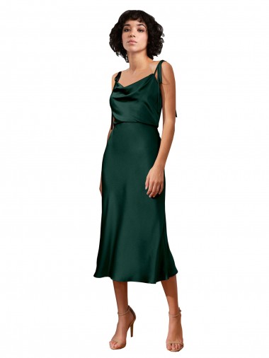 Spaghetti Straps Tie Shoulders Cowl Neck Short Midi Length Stretch Satin Cocktail Prom Dress / Homecoming Dress Clearance