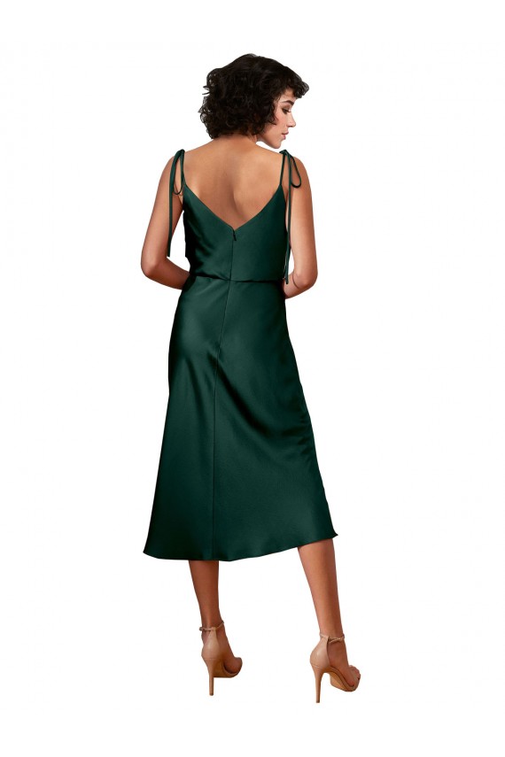 Spaghetti Straps Tie Shoulders Cowl Neck Short Midi Length Stretch Satin Cocktail Prom Dress / Homecoming Dress Clearance