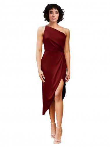 One Shoulder Midi Length Short Stretch Satin Wrap Style Cocktail Prom Dress / Homecoming Dress Clearance