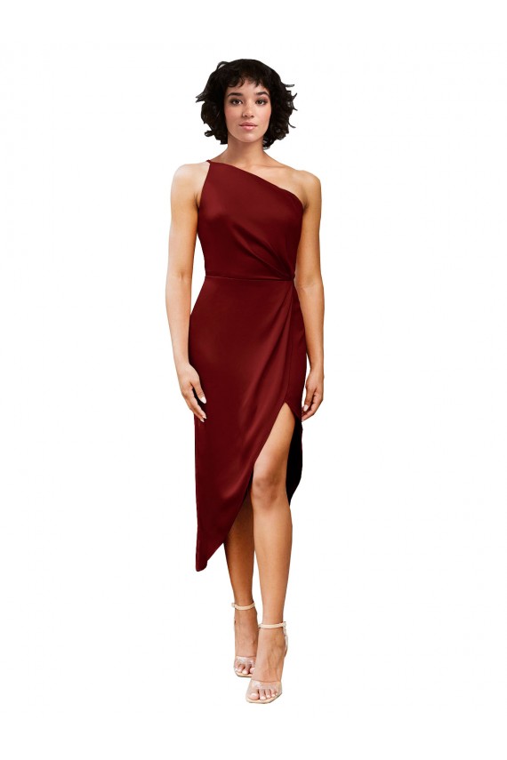 One Shoulder Midi Length Short Stretch Satin Wrap Style Cocktail Prom Dress / Homecoming Dress Clearance