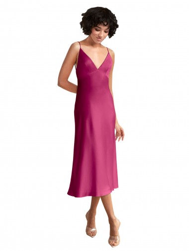 Midi Length V-Neck Short Stretch Satin Cocktail Prom Dress / Homecoming Dress with Low Scoop Back Clearance