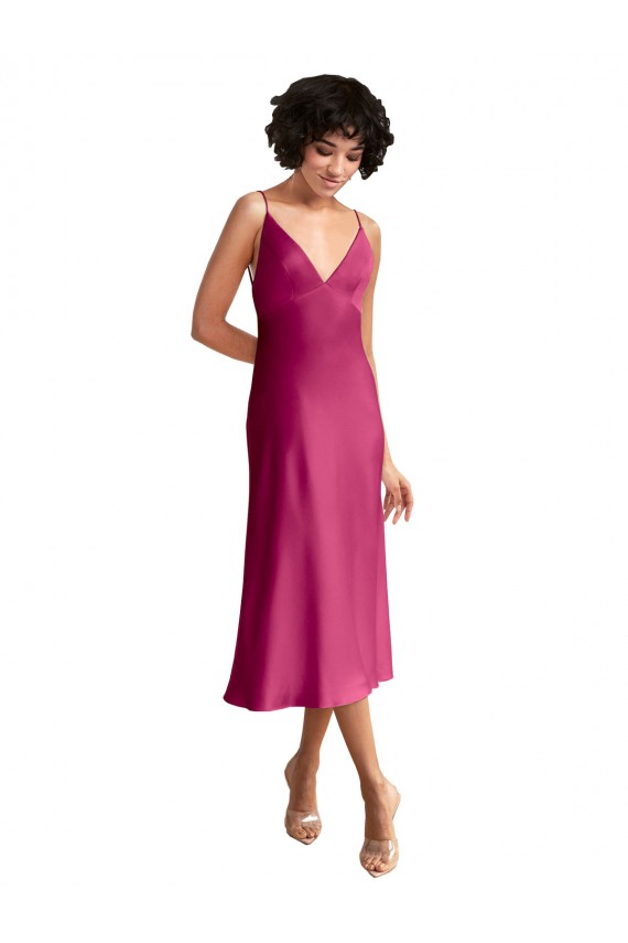 Midi Length V-Neck Short Stretch Satin Cocktail Prom Dress / Homecoming Dress with Low Scoop Back Clearance