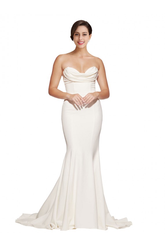 Strapless Cowl Neck Sweep Train Stretch Satin Prom Dress Clearance