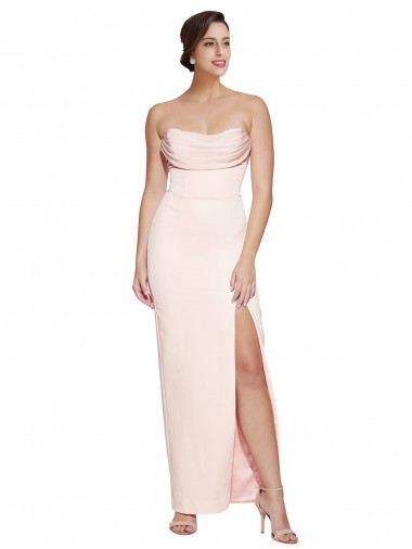 Cowl Neck Strapless Stretch Satin Prom Dress with High Split Clearance