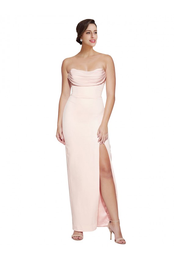 Cowl Neck Strapless Stretch Satin Prom Dress with High Split Clearance