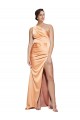 One Shoulder Ruched Stretch Satin Prom Dress with Thigh High Split Clearance