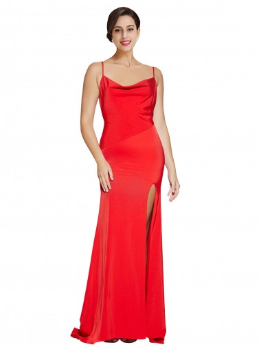 Low Back Cowl Neck Stretch Satin Prom Dress with High Side Slit Clearance