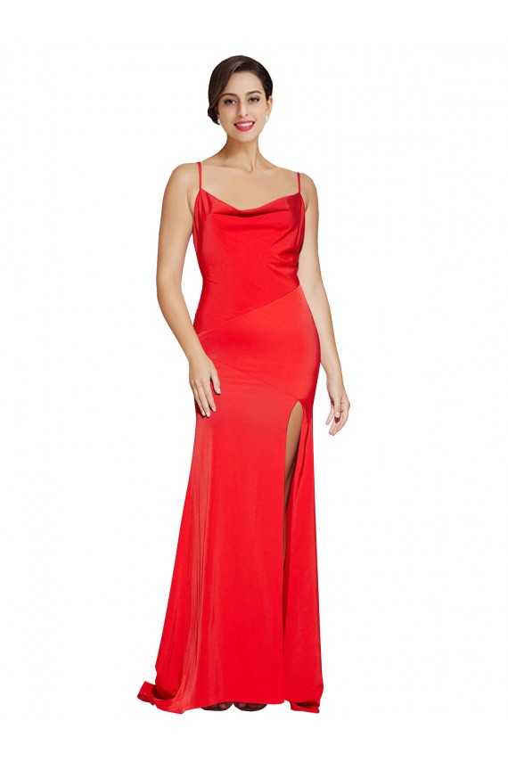 Low Back Cowl Neck Stretch Satin Prom Dress with High Side Slit Clearance
