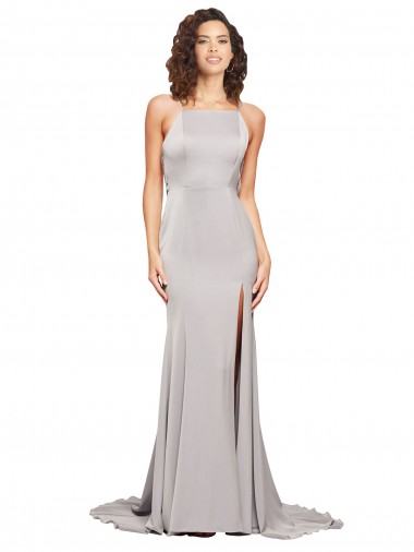 High Neck Low Back Long Full Length Stretch Satin Prom Dress Clearance