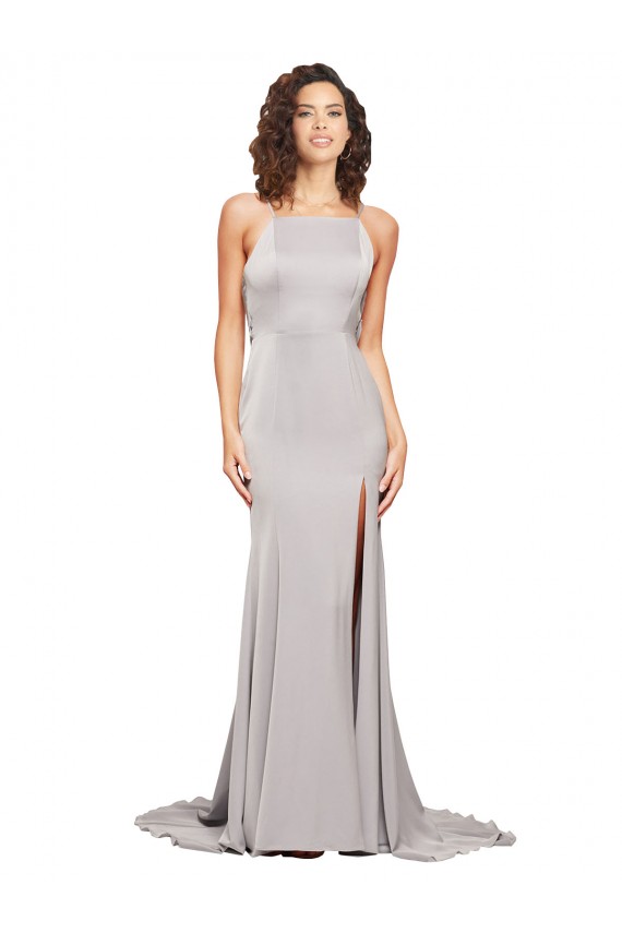 High Neck Low Back Long Full Length Stretch Satin Prom Dress Clearance